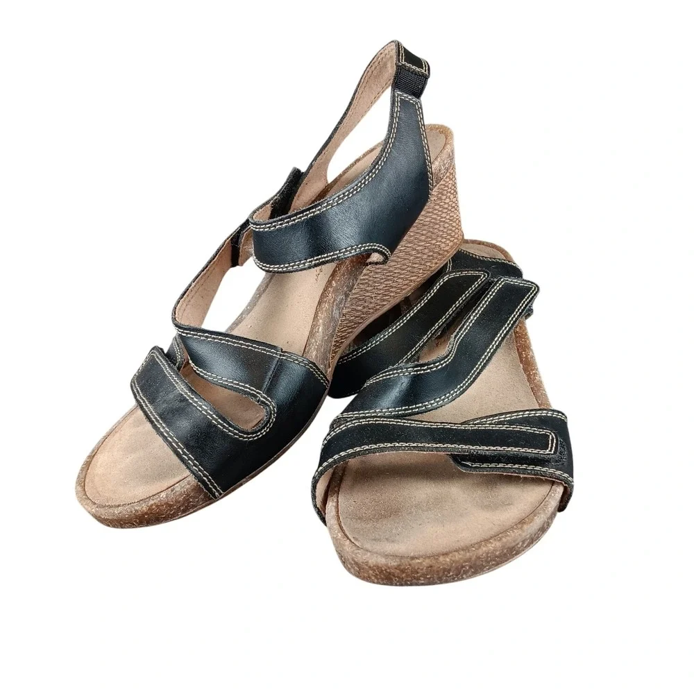 Clarks Collection Women Black‎ Leather Wedge Sandals Comfort Soft Cushion Size 8